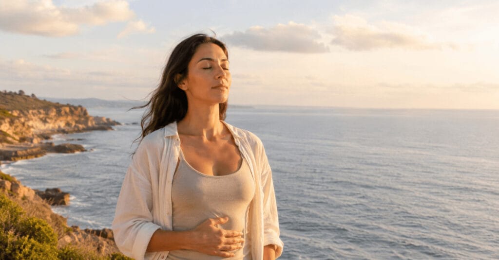 Femme pratiquant un exercice de sophrologie pour réguler ses émotions