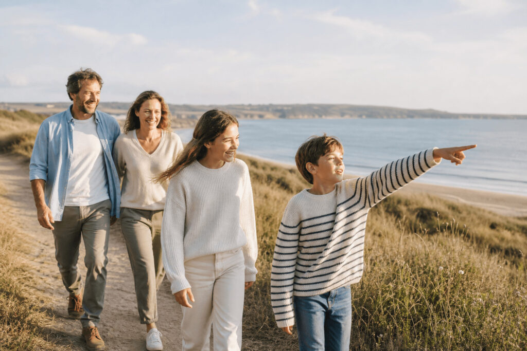 Famille épanouie en balade sur la côte atlantique près de La Rochelle, bénéfices de la sophrologie pour tous les âges